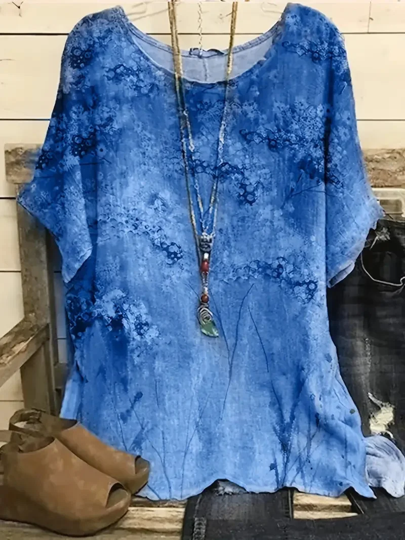 

Женская рубашка с коротким рукавом и круглым вырезом, с принтом