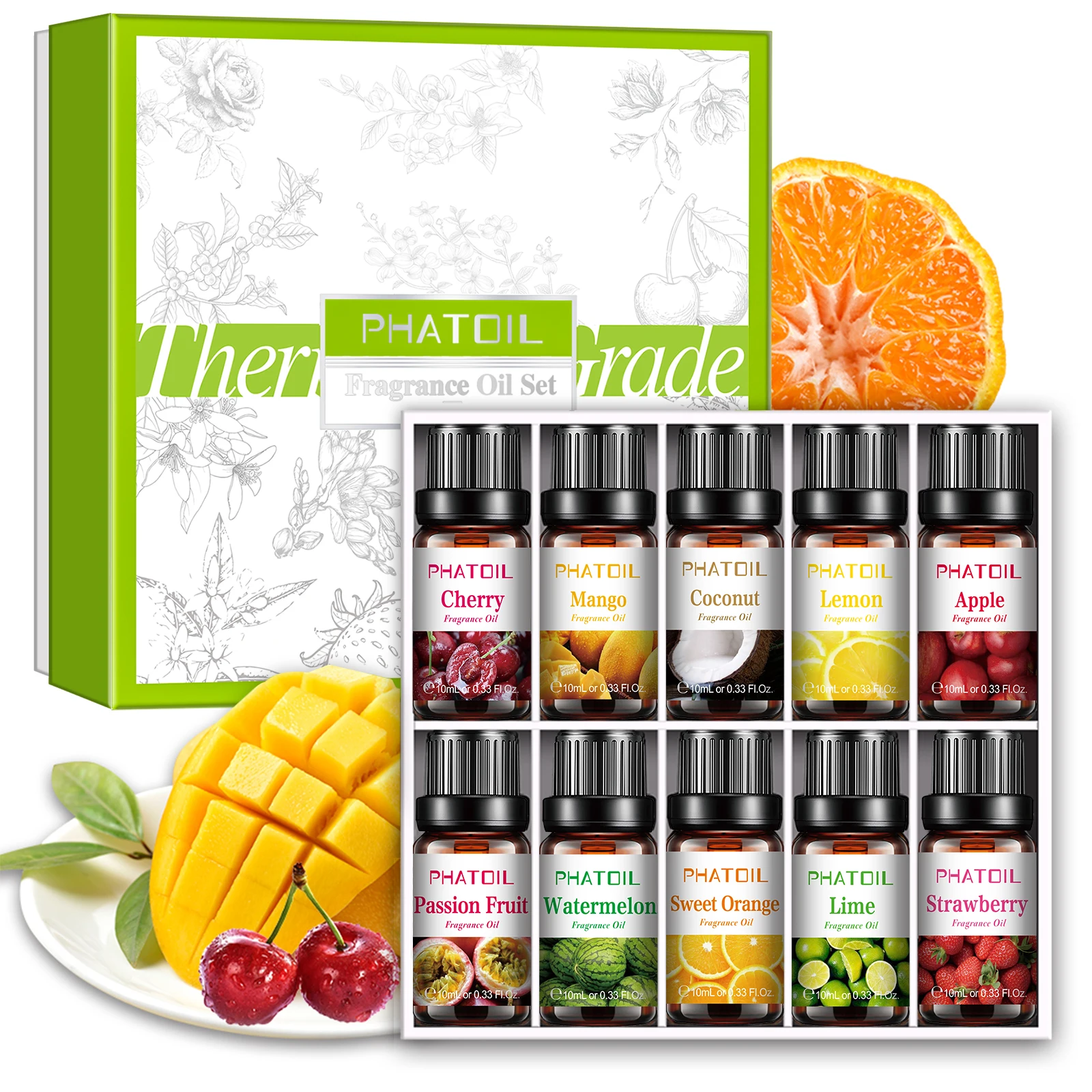 

PHATOIL 10pcs Gift Box Essential Oils Set 10ML Pure Essential Oils Fruity Fragrance Oils Apple Cherry Coconut Mango Lemon Orange