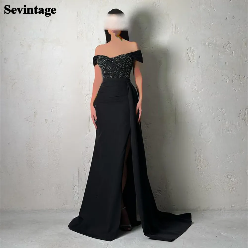

Sevintage Simple Black A-Line Prom Dress Sequined Off The Shoulder Ruched High Slit Formal Evening Dress Floor Length Party Gown