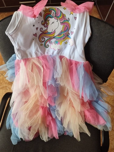 VIKITA Girls Unicorn Cartoon Print Dresses Kids Sleeveless Summer Dress Girls Colorful Mesh Tulle Layered Tutu Princess Dresses photo review