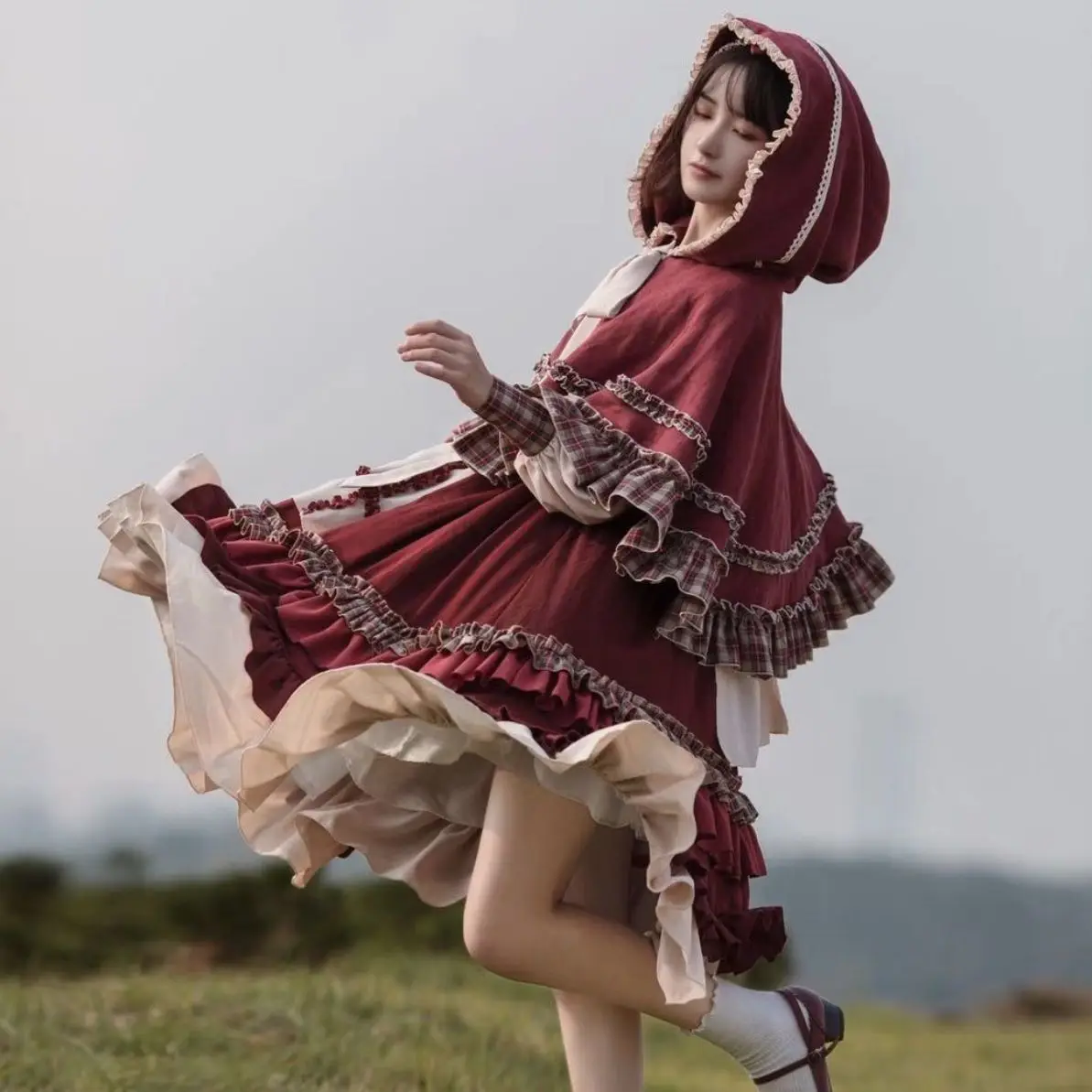 Kawaii Lolita Full Set Lolita Fall/winter Cape Women Vintage Red Set Princess Girly Cosplay OP Dress