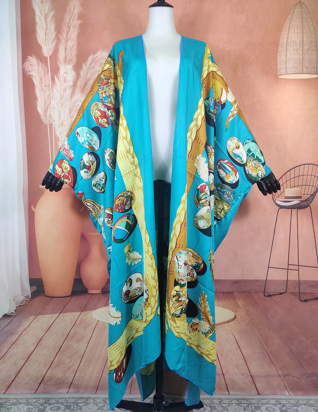 African Popular Bohemian New Fashion Twill Silk Printed Women's Long Cardigan Casual Sexy Lady Summer Beach Cover Up Kimonos