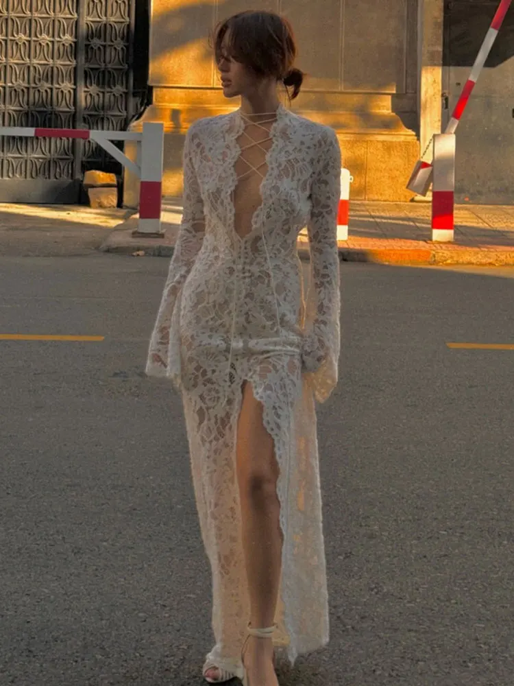 chinese dress ladies Olivia White Floral-appliqué Bandage Maxi Dress L / White main image 1