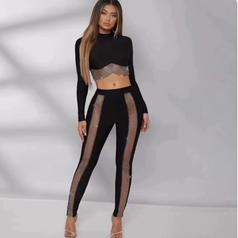 

Wholesale women's Wear Black Long Sleeves Diamond Bandage Top&Trousers Sexy Two Piece Set Celebrity Party Sets