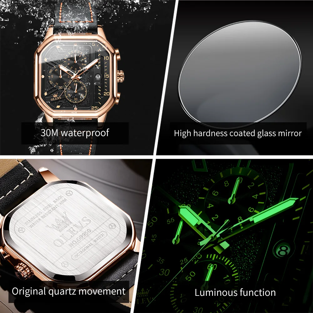 OLEVS Quartz Watch for Men Leather Strap Chronograph Clock Big Dial Waterproof Luminous Fashion Men's Wristwatches Reloj Hombre