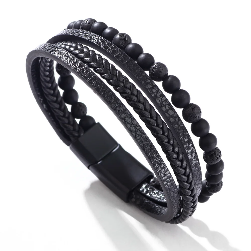 Vintage Men's Natural Stone Lava Matte Black Onyx Multi-Layer Leather Beaded Bracelet leather bracelet beaded bracelet stone bracelet