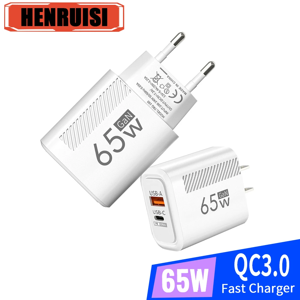 65W GaN USB C Charger QC 3.0 Fast Charging Type C PD Quick Charger 3.0 Wall Adapter For iPhone Xiaomi Samsung Oneplus POCO Plug Cellphone Adapter Power Adapter Power Charger
