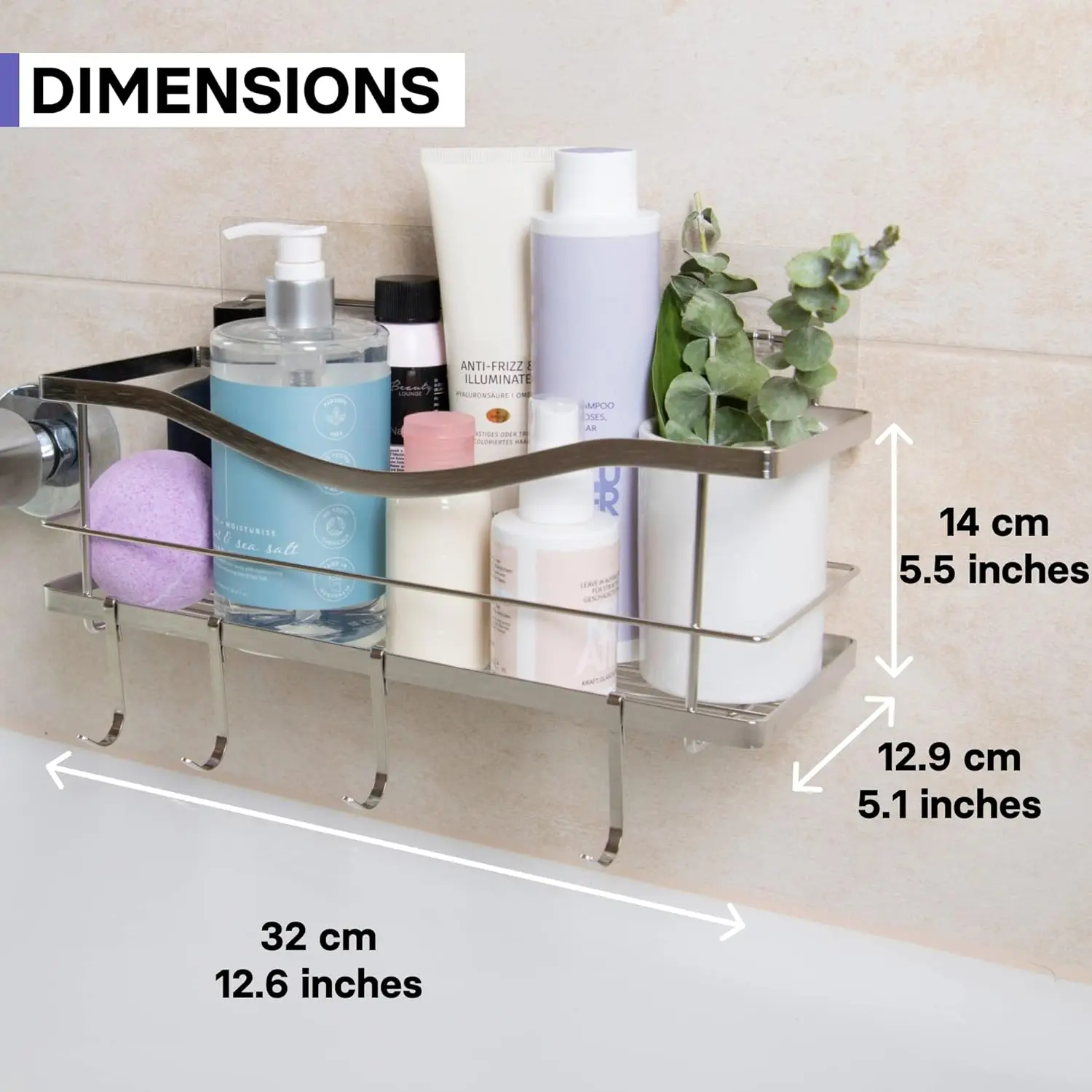 Premium Self - Adhesive Shower Organizer with 4 Hooks. Drill - Free, Rustproof Stainless Steel Shower Rack for Inside Shower 6