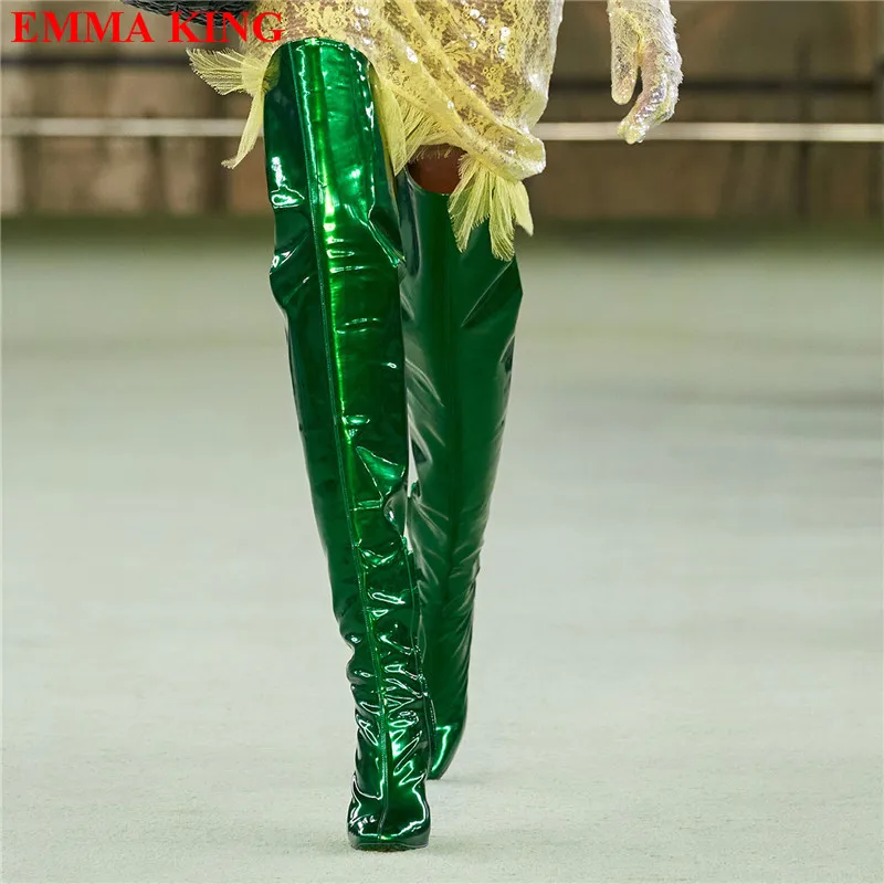 

Fashion Women Patent Leather Over The Knee Boots Sexy Slim Thick High Heels Party Women Shoes Runway Thigh High Boots Woman 2022