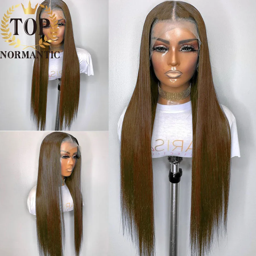 Topnormantic-Front Lace Perucas com Cabelo Indiano Médio, Perucas de Encerramento Glueless, Cor Castanha Chocolate, 13x6