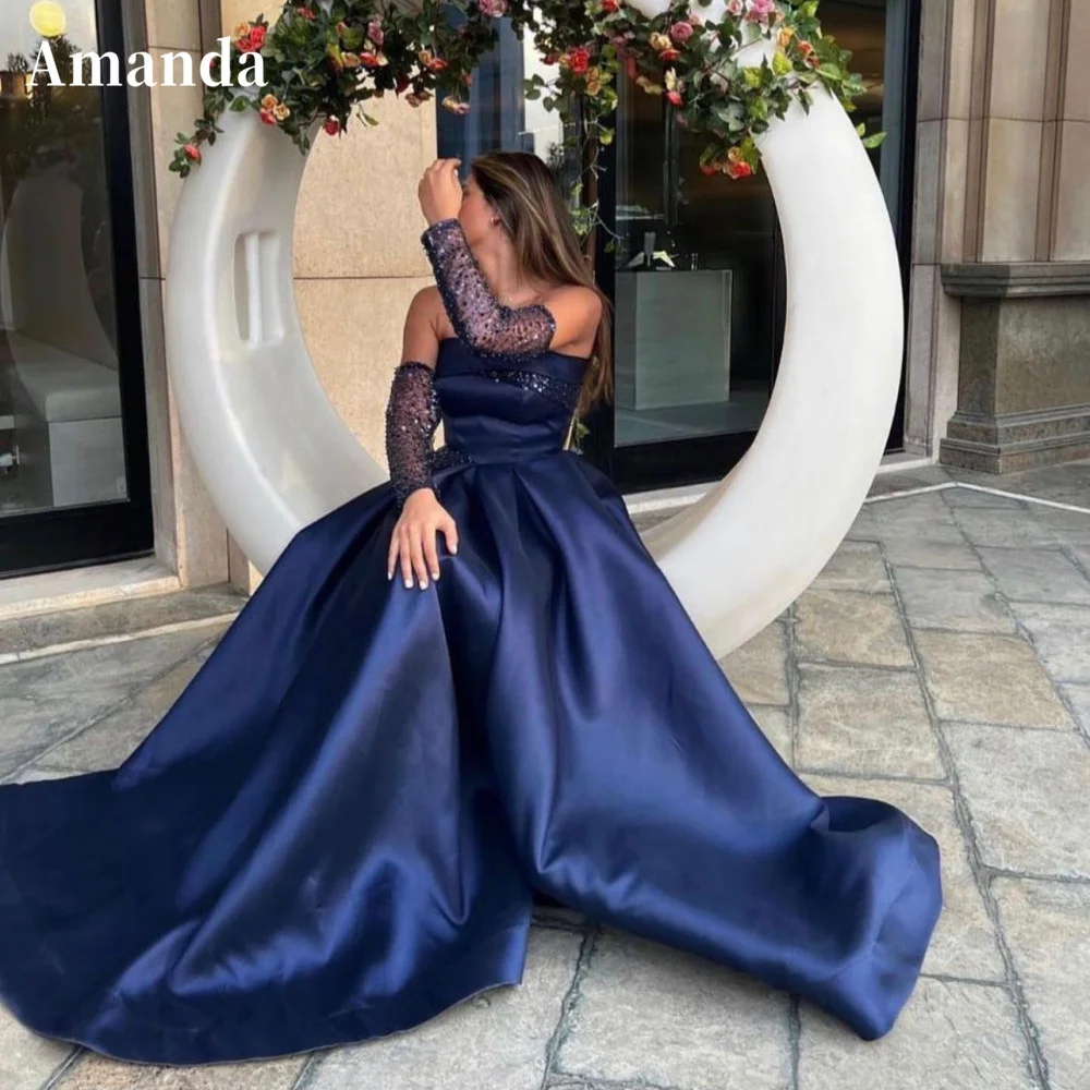 

Amanda Luxury A-line فستان سهرة Sexy Strapless Party Dress Dark Blue Evening Dresses Glitter Glove Silk Satin Prom Dress