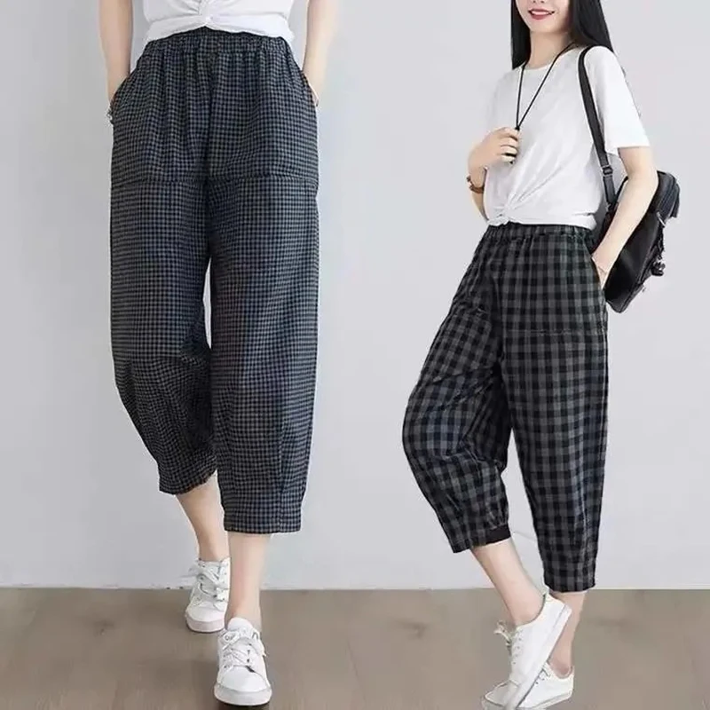 2021 Spring Summer Plaid Pants Women's Harem Pants Capris Drawstring Waist Large Size Casual Loose Cotton Linen Trousers Women 2021 spring summer new women s embroidered high waist denim cropped pants loose harem straight leg pants