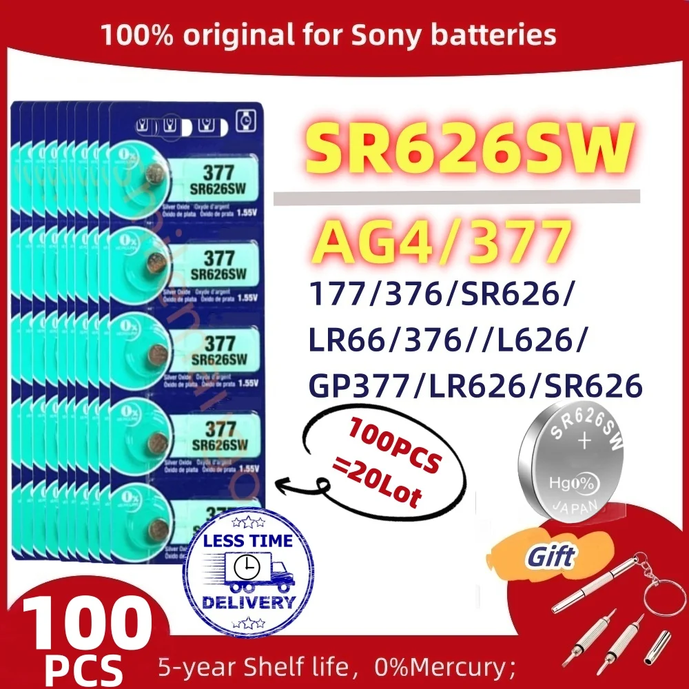 

100 шт. оригинальные кнопочные батарейки для SONY AG4 377 1,55 в, SR626SW батарейки, щелочные батарейки, 177 376 626A LR66 LR626 для часов, игрушек