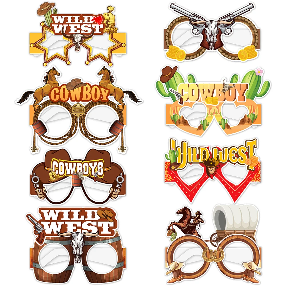 Party Photo Props Cosplay Glasses 8pcs Western Cowboy themed paper glasses Western pattern photo booth props for party atmosphere decoration