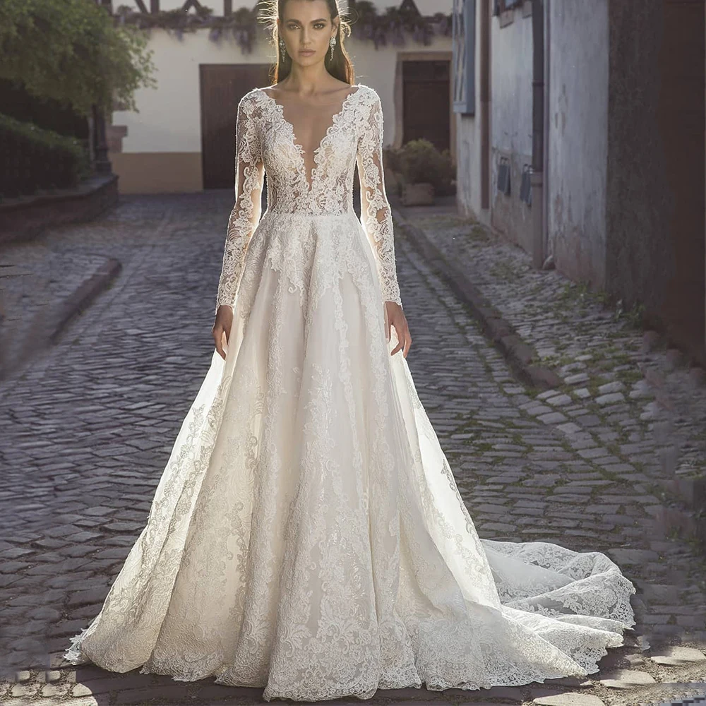 

Luxury Tulle Applique Wedding Dress V-Neck Long Sleeve Sexy Illusion Floor Length A-Line with Buttons Bridal Sweep Train Gowns