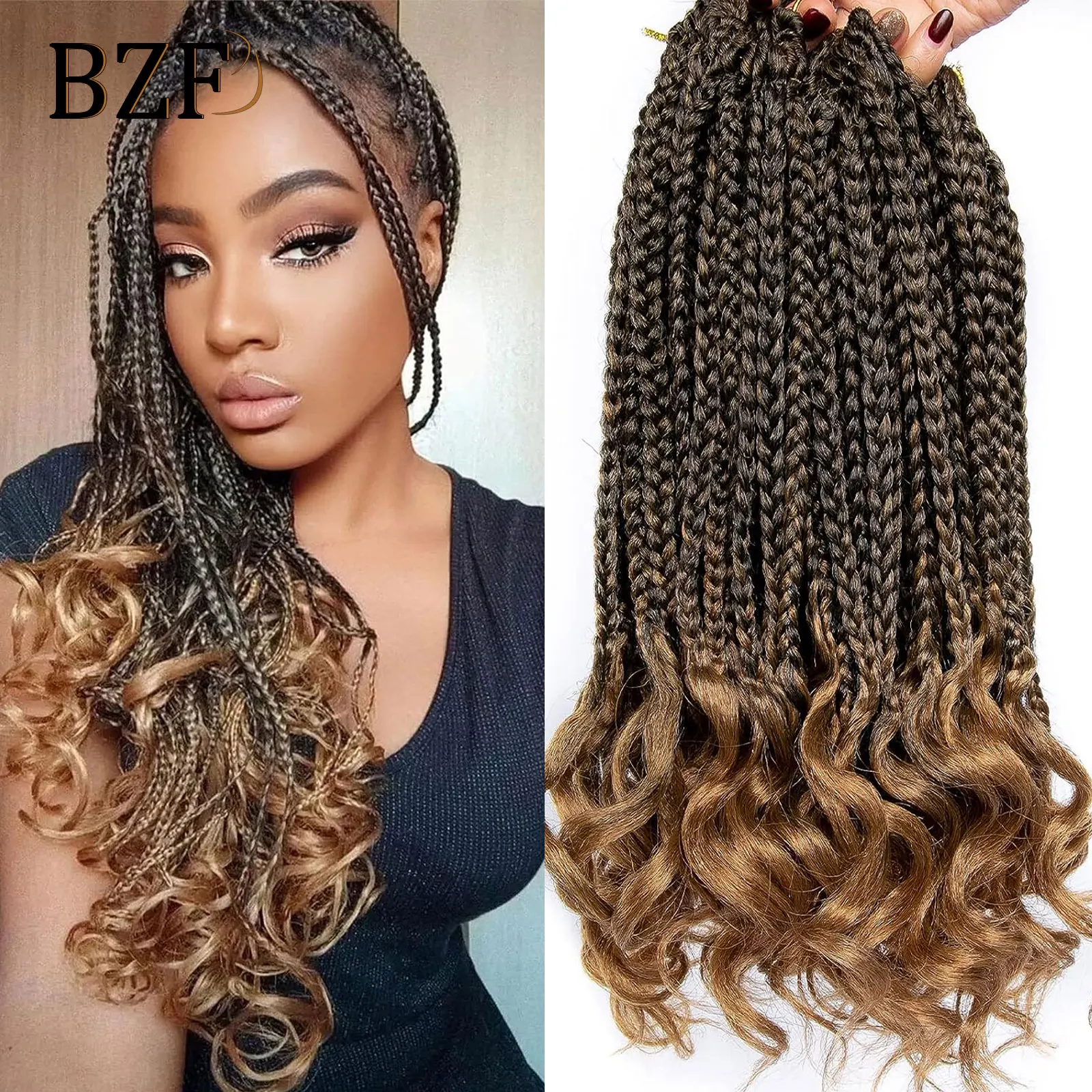 T27 Blonde Box Braids Crochet Hair Curly End Synthetic 18 Inch Crochet  Braid Pre Looped Curly Braiding Hair Extensions For Women