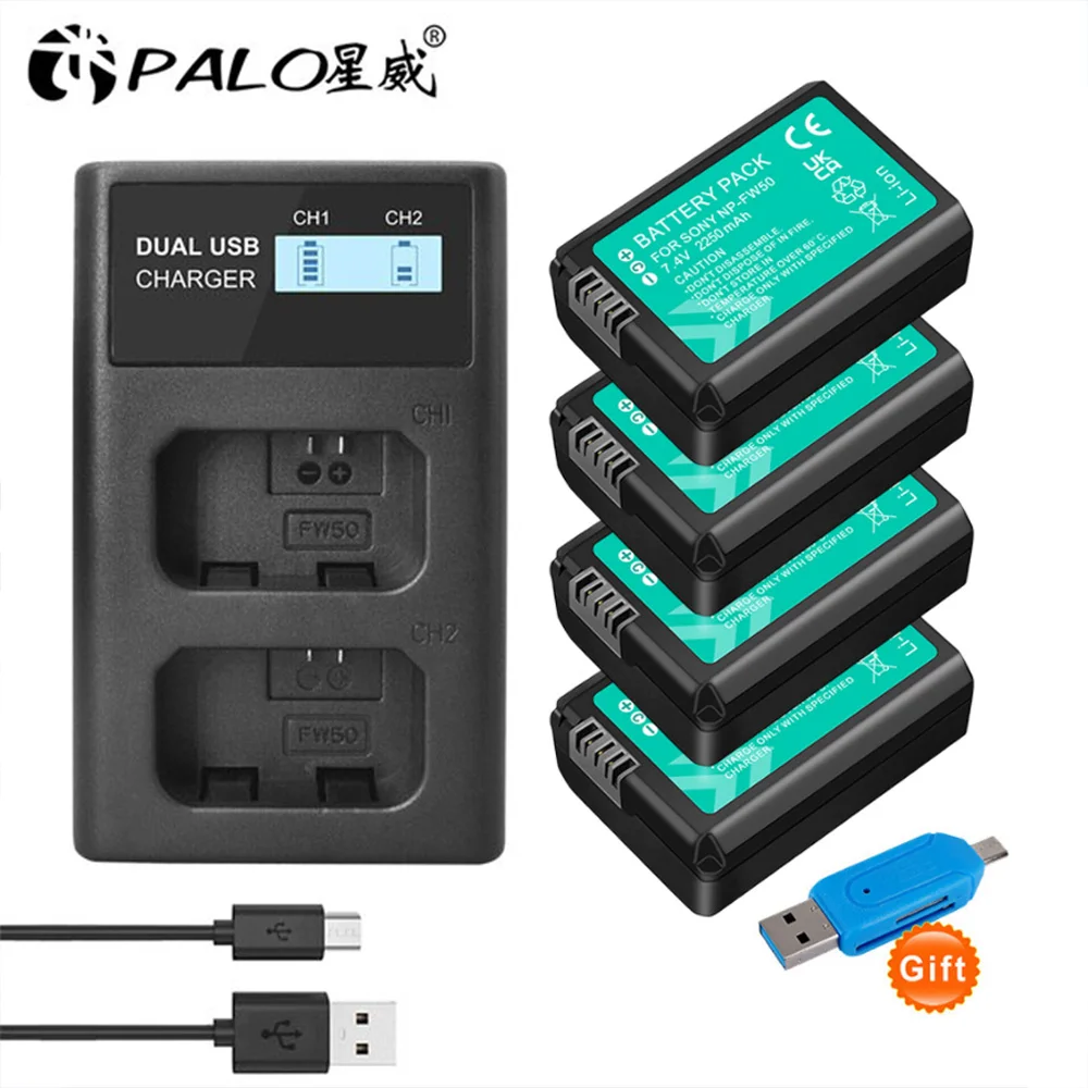 Palo 2000Mah Np-Fw50 Np Fw50 Batteria Akku + Lcd Doppio Caricatore Per Sony Alpha A6300 A6500 A7 7R A7R A7R Ii A7Ii Nex-3 Nex-3N Nex-5