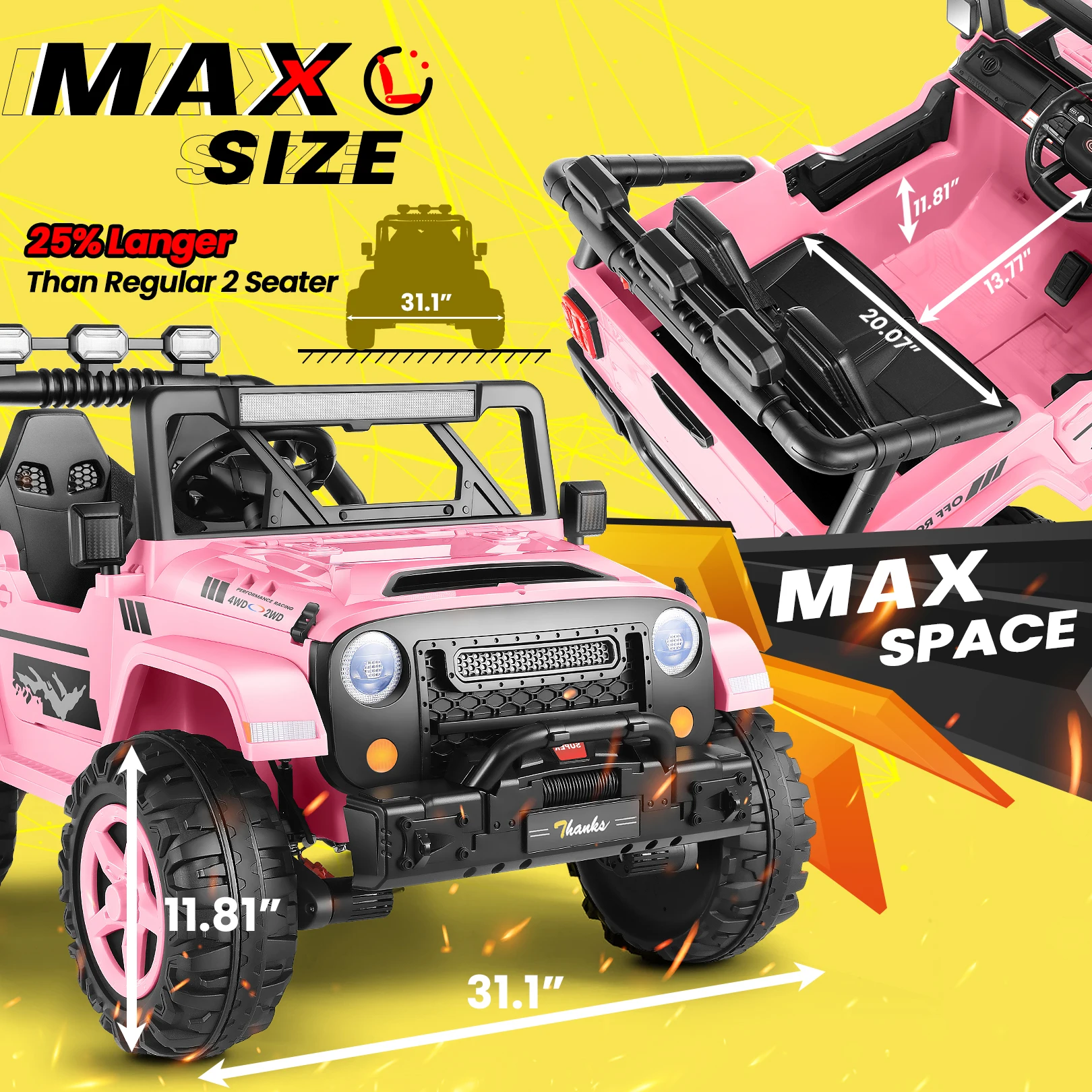 24V Ride on Toys 2 Seater Ride on Cars, 4x4 Electric Car for Kids, Battery Powered Truck Car W/ 4x200W, Music, LED Light
