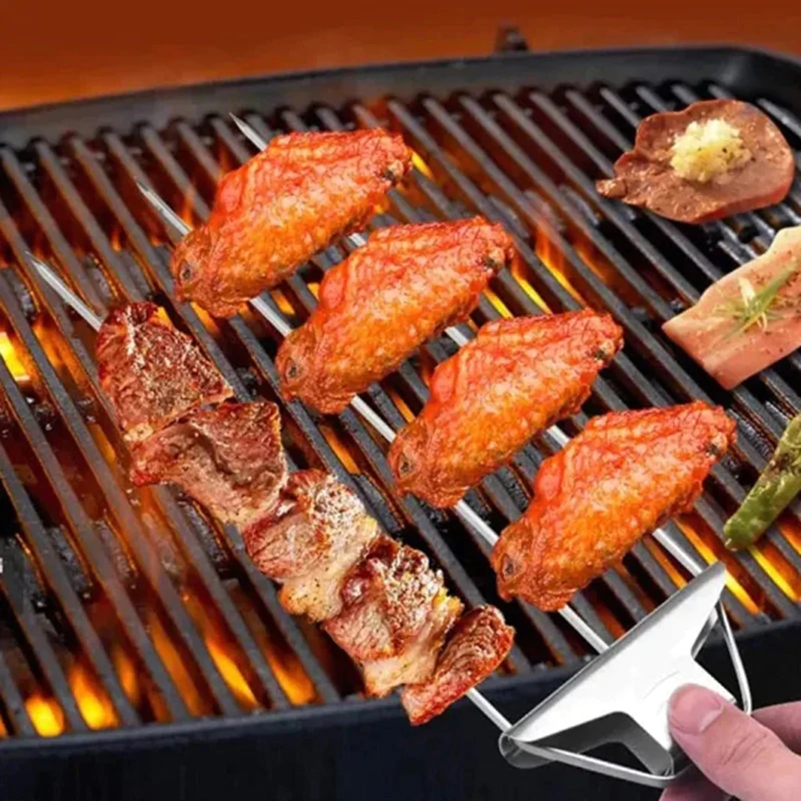 

3 Way Grill Skewers BBQ Stick Kebab For Grilling Stainless Steel Roasting Sticks with Push Bar 3-Prong Skewer Shrimp Skewers