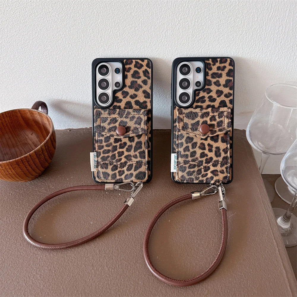 Luxury Leather Leopard Phone Case with Card Holder and Chain Design