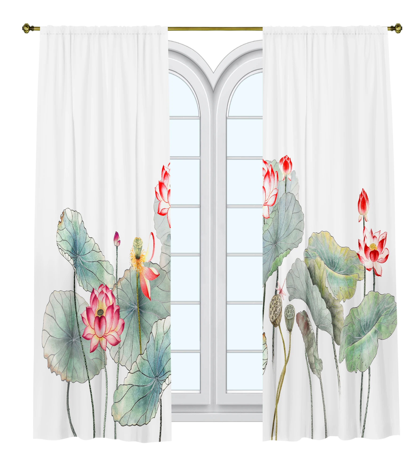 

Nature Landscape Printed Curtain /Bedroom Dining Room Living Room Covers Set of 2 Panels -Lotus Flower on White Background Decor