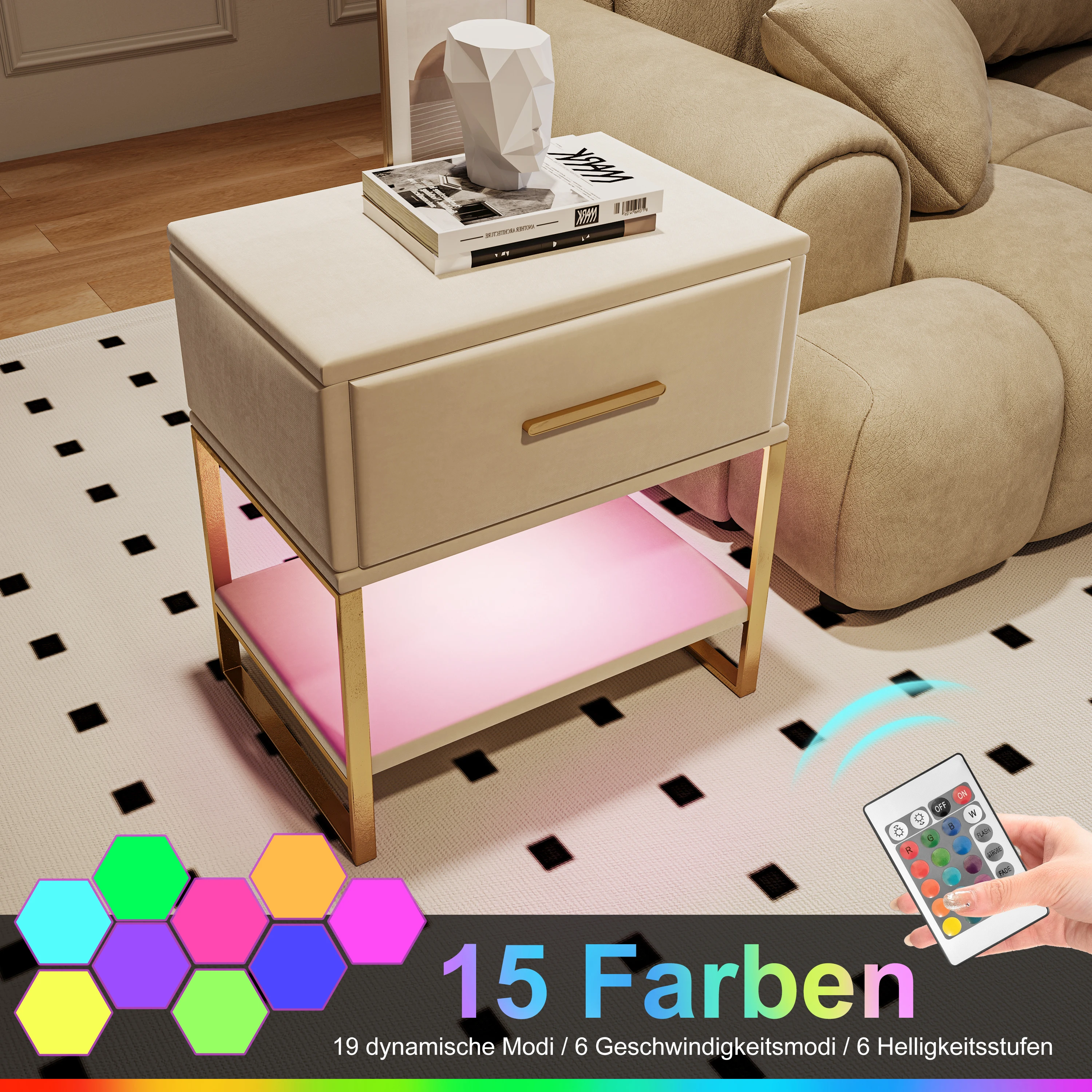 Rosahqnd Nachttisch mit 2 Schubladen, 2er-Set Sofatisch mit Metallfüßen, für Wohnzimmer, Schlafzimmer, Weiß – Detail 11