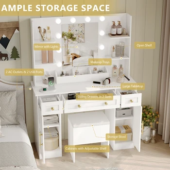 White Vanity Desk Set with Lights, Vanity Table with Charging Station, Modern Makeup Vanity Desk for Bedroom 2