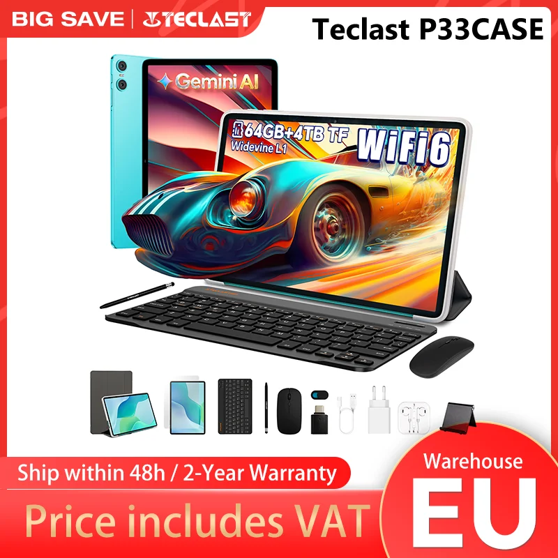 Tablette Teclast P33 avec étui, Android 15, 10,1 pouces 1280x800, Max. 9 Go de RAM, 64 Go de ROM, A333, 5 cœurs, 6000 mAh, Type-C 1