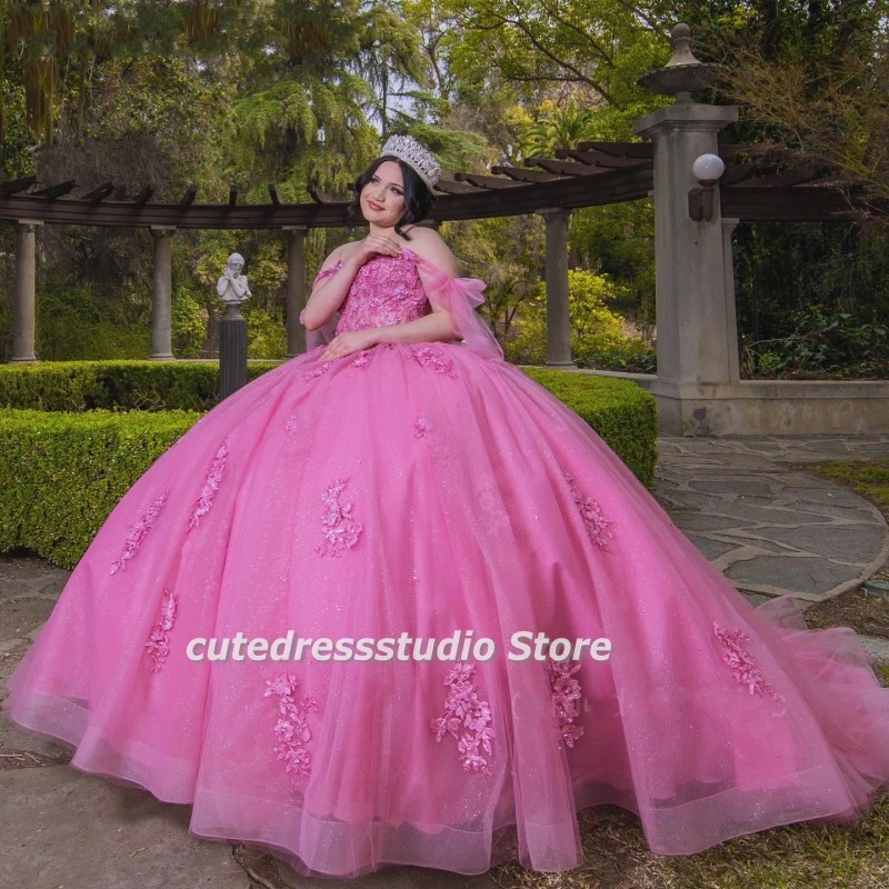 Elegant Hot Pink Quinceanera Dresses Giltter Sequin Floral Applqiue  Sweetheart Vestidos De Xv Años Sweet 15 Pageant Gowns - Quinceanera Dresses  - AliExpress