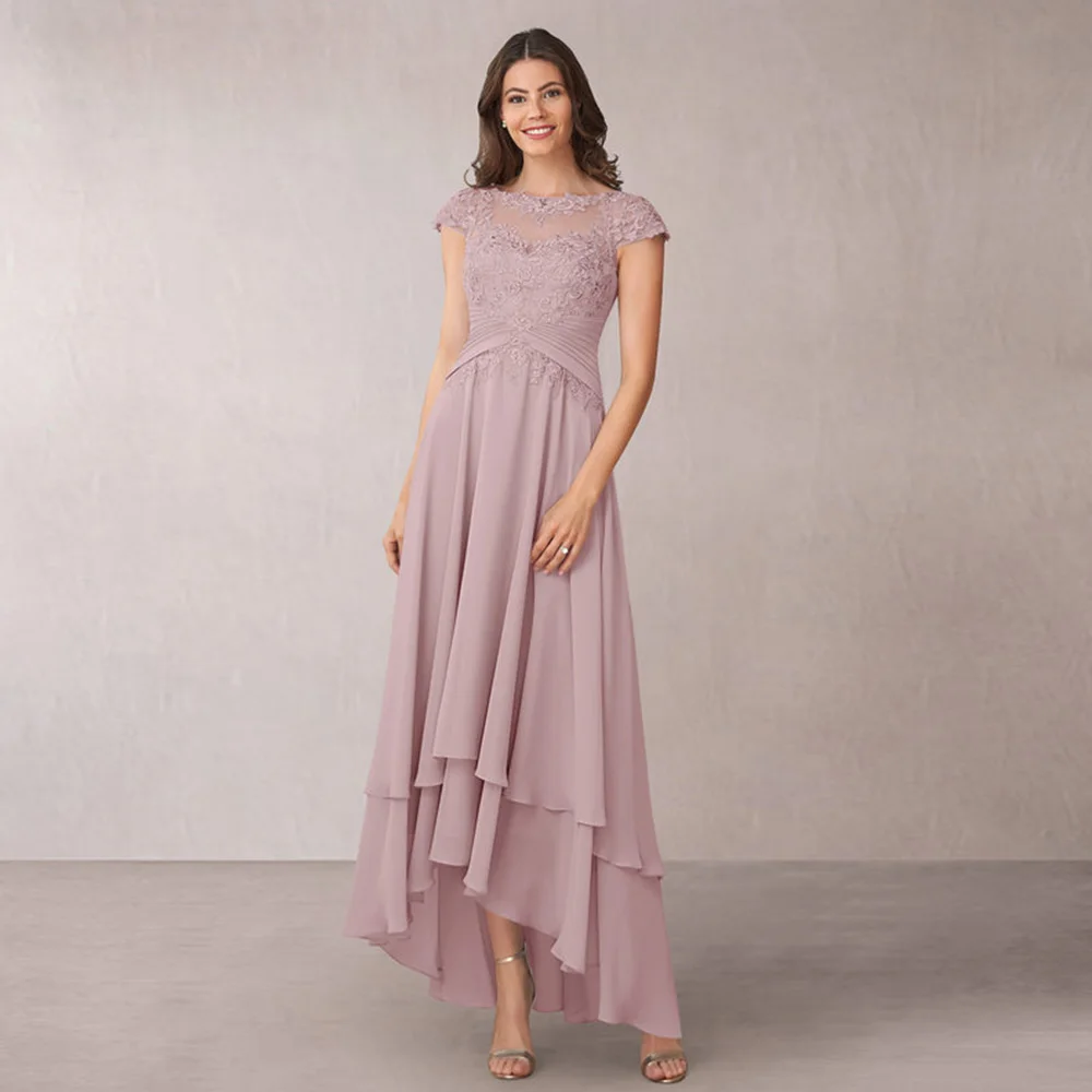 

Pink Mother of the Bride Dresses Plus Size O Neck Short Sleeves Hi-Lo Chiffon Wedding Party Gowns Appliques A-Line Tea-Length