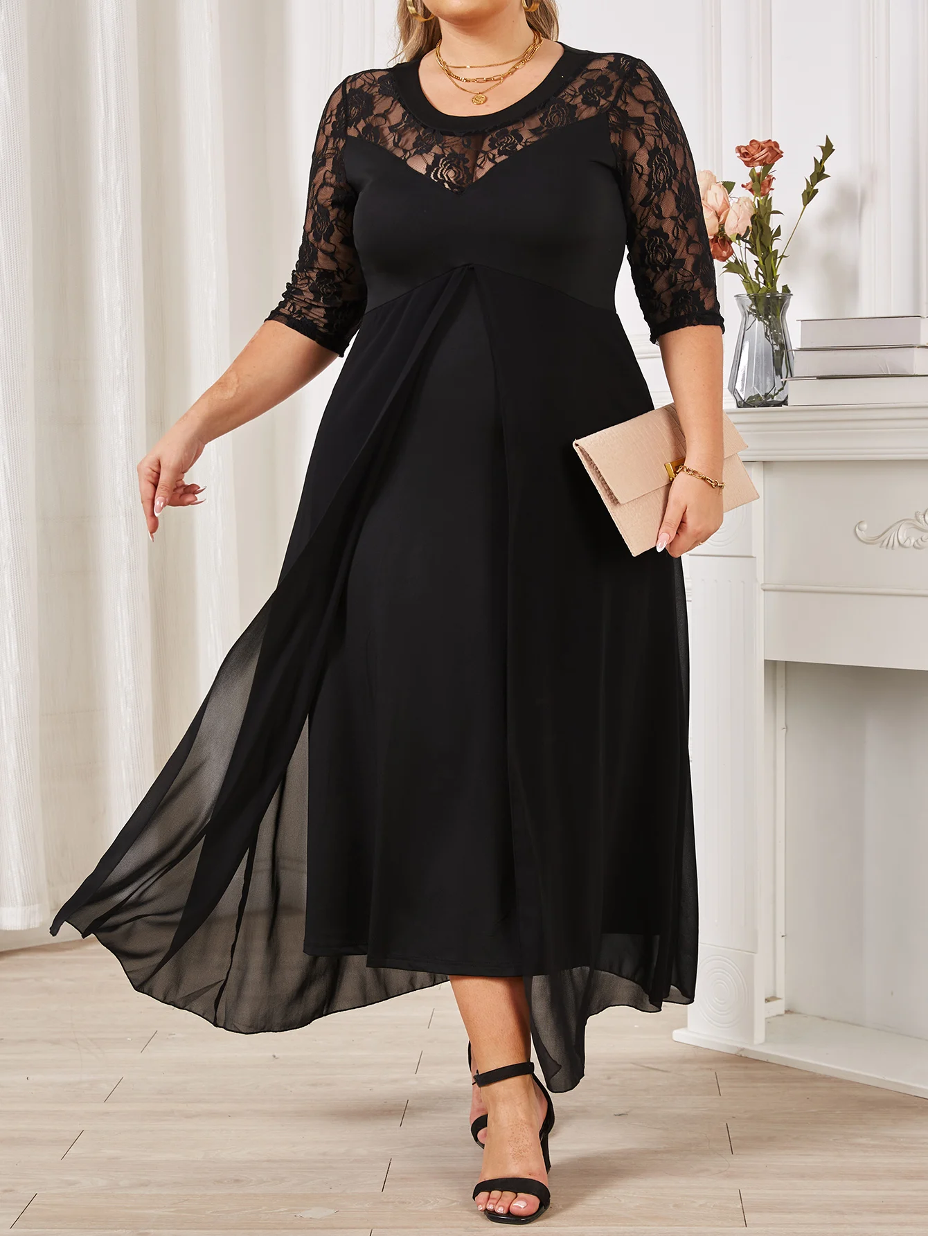 TrendAura Sexy Black Asymmetrical Lace Patchwork Silk Dress Sleeveless For Confident Night Out Women main image 0
