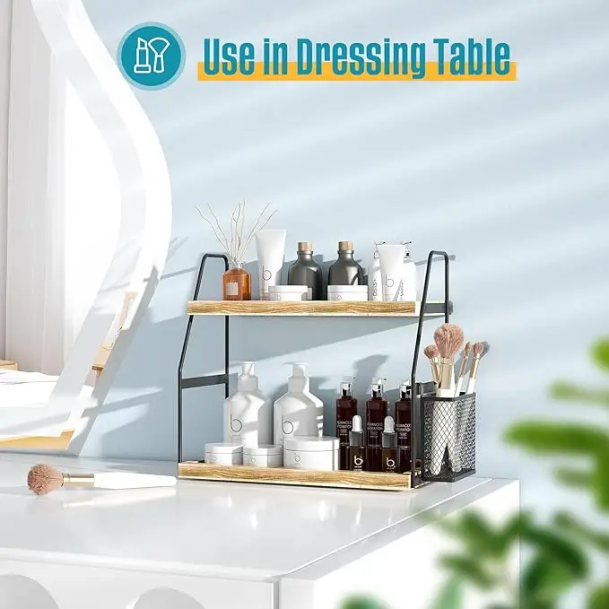 2-tier wooden countertop organizer – with basket, for bathroom/kitchen 2
