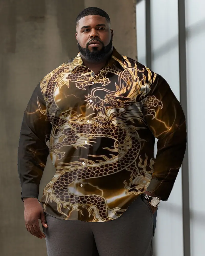 Biggmans Plus Size Shirt For Men's Clothing Summer Black Dragon Printing Long Sleeve Single Deduction Customization 7XL 8XL 9XL