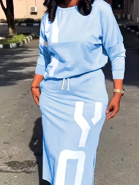 Plus size women's spring &summer letter-printed round neck short long-sleeved top and hip-covering slit skirt sporty fashion set