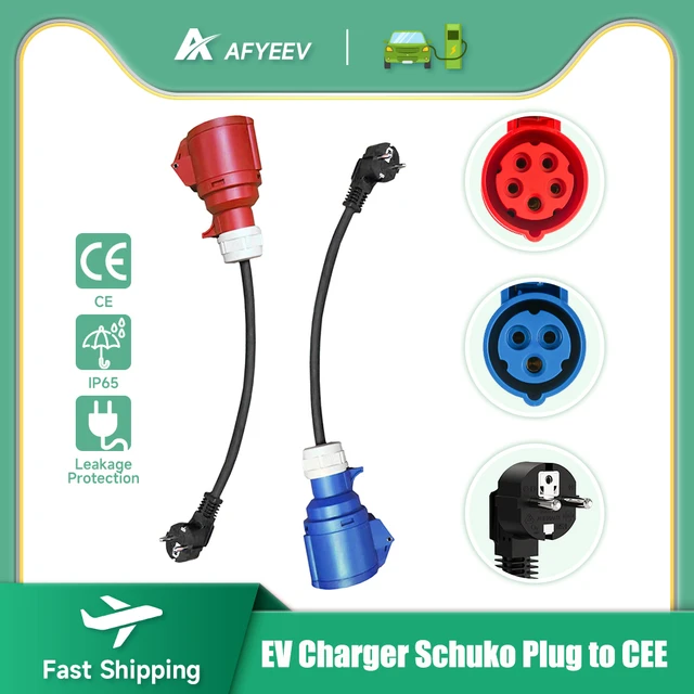 AFYEEV-Chargeur portable EV, prise Schuko vers CEE, prise femelle rouge, 5  broches, adaptateur de prise allergique avec 16A, 3 phases, 11kW -  AliExpress