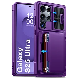 Rugged Shockproof Wallet Phone Case with Camera Cover and RFID Blocking Card Holder - Black - Case & Strap (PURPLE)