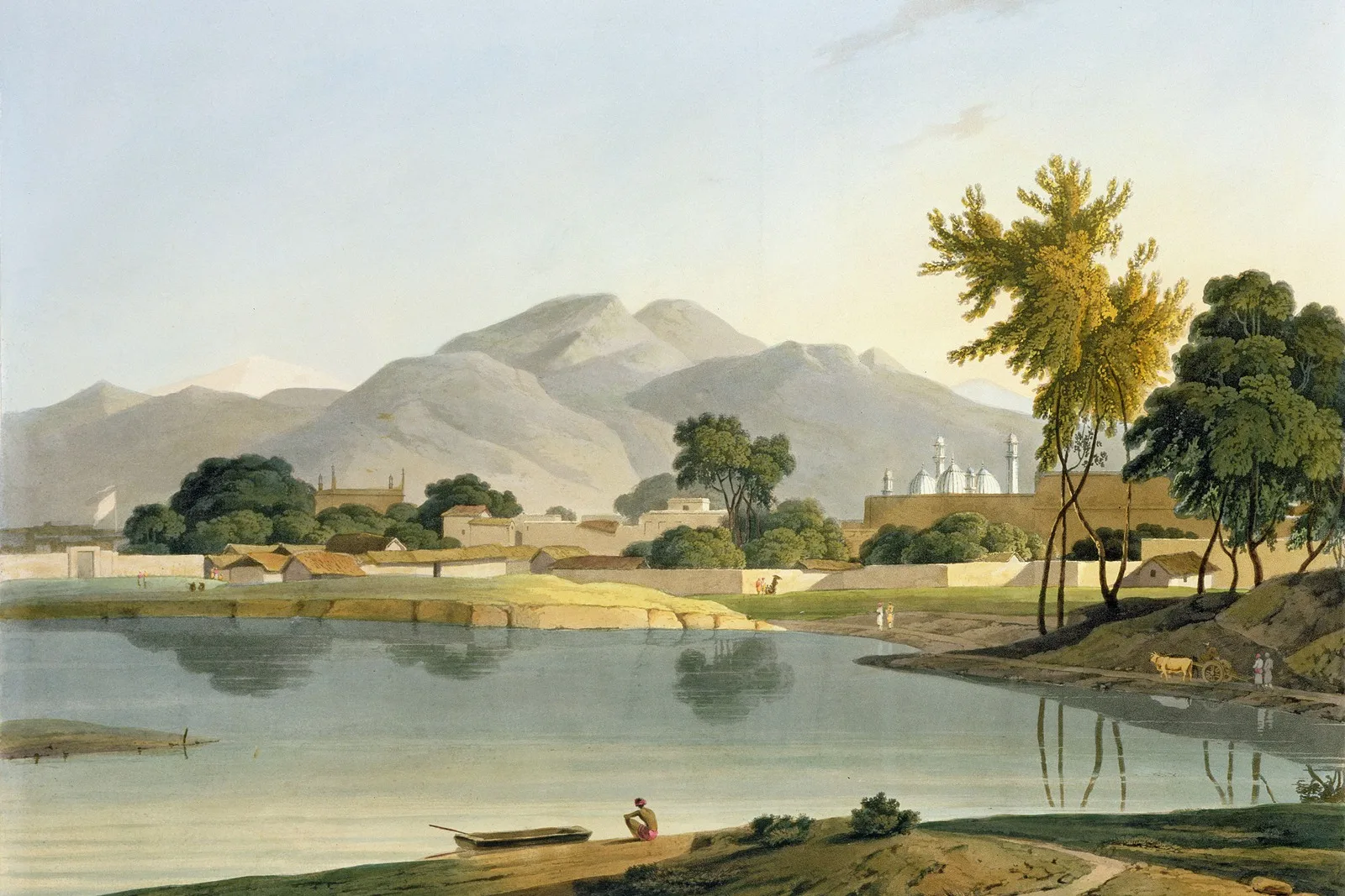 Nijeibabad Papel de Parede Pintura a Óleo Decoração Panoramique Mural de Parede Paisagem Indiana com um Rio Mesquita e Montanhas