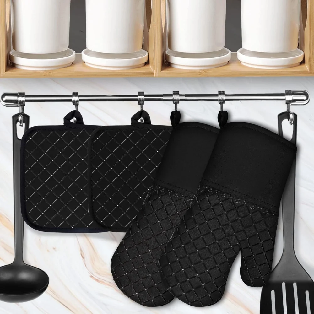 4-piece set of oven gloves and pan pads, 500°F kitchen heat insulation gloves, anti-slip silicone striped oven gloves, heat-resi