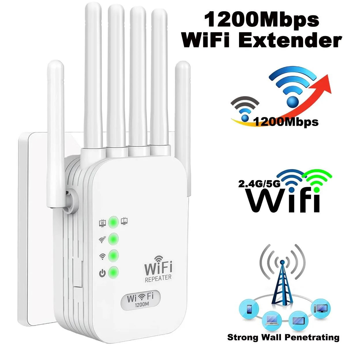 WiFi Extender 6 Antennas Strong Signal, 1200Mbps 2.4G-5G Wifi Booster,for Home Studios,Remote Workspaces,WiFi Signal Booster
