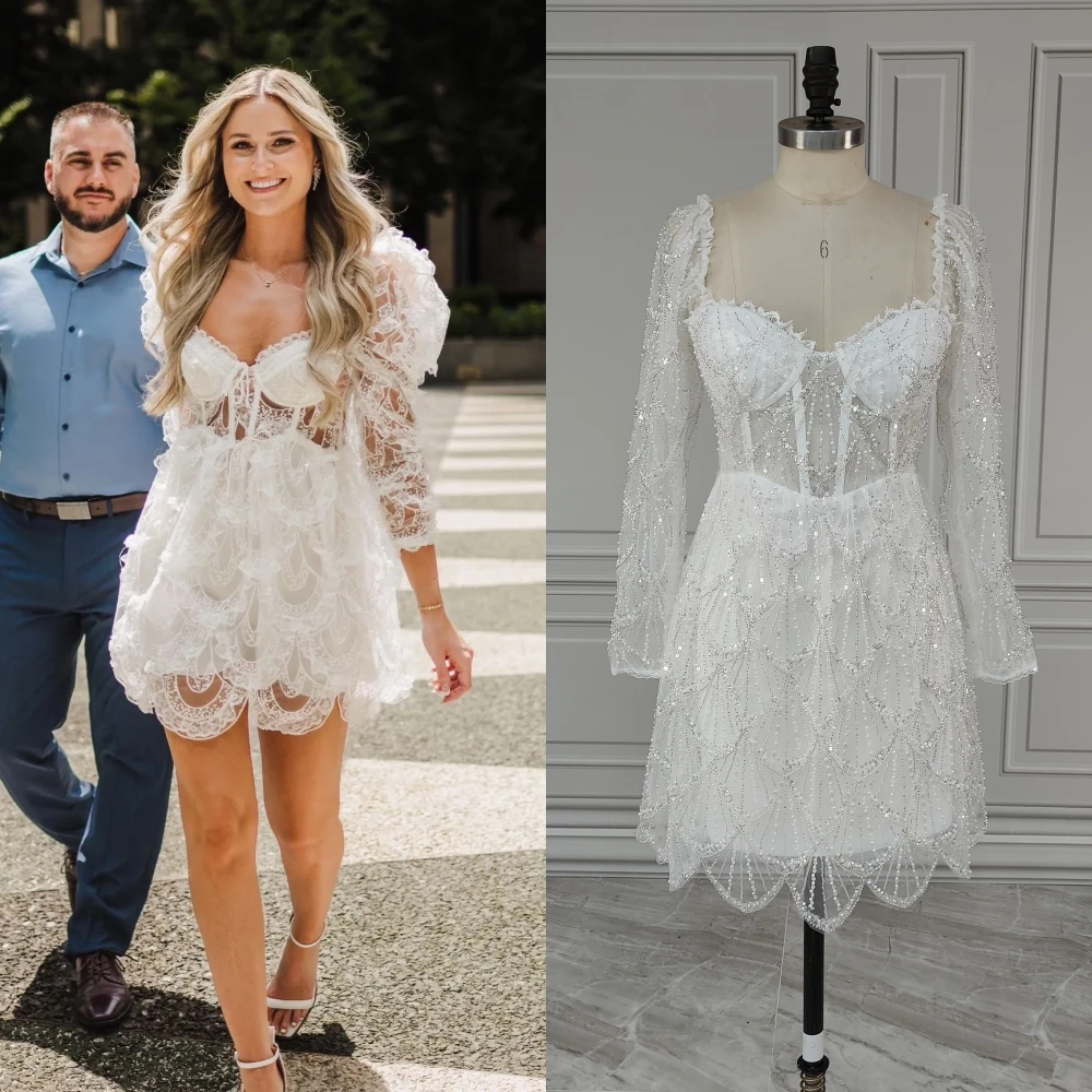 

12921# Real Photos Boho Full Sleeves Sequined Beaded Lace Mini Wedding Dress Low Back Bride Gown For Women Vestido de novia