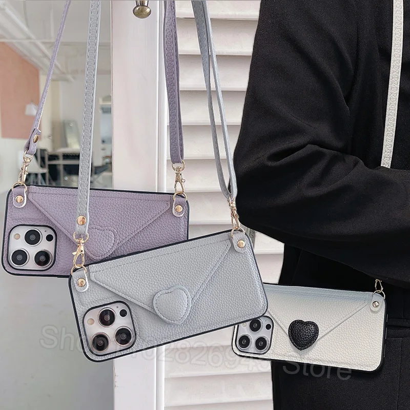 

With Lanyard Phone Case For IPhone 15 Pro Max 14 13 12 11 Envelope Style Heart-shaped Back Cover
