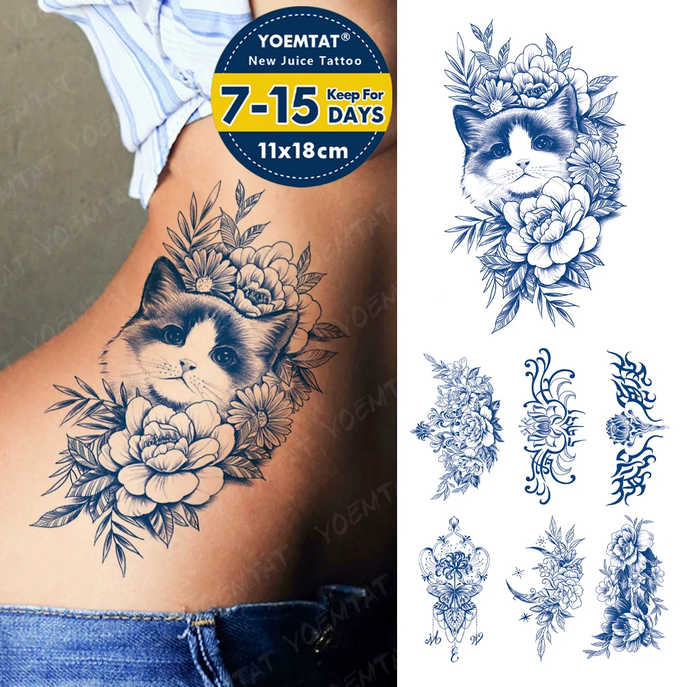 

Semi-Permanent Herbal Cat Flowers Waterproof Temporary Tattoo Stickers Juice Ink Lasting Tattoos Body Art Fake Tatto Women Men