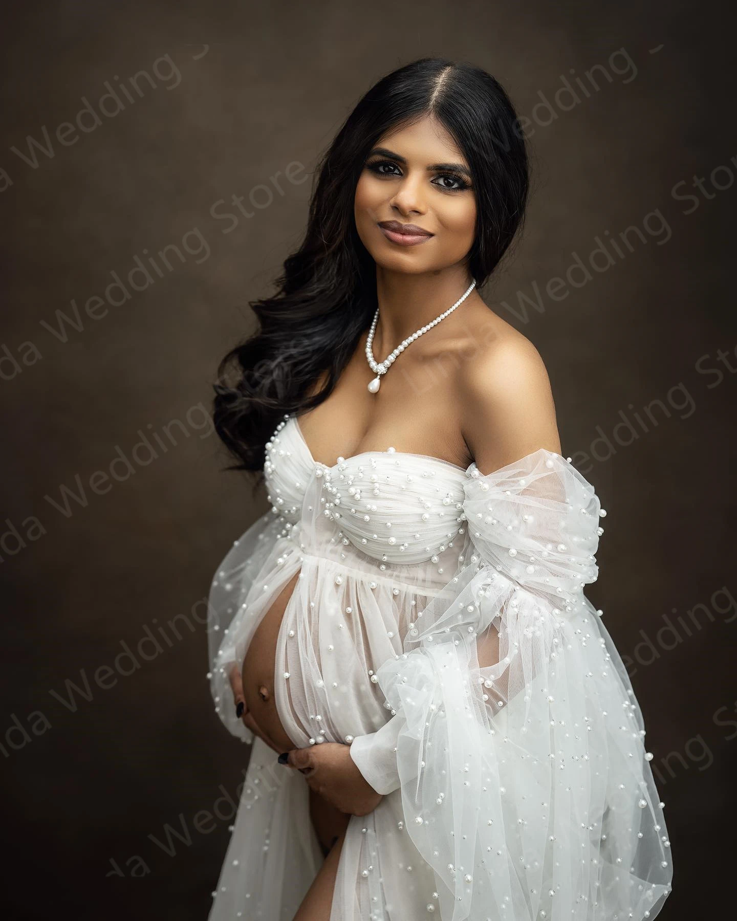 Ivory Bridal Pearls Maternity Dress for Photography Long Sleeve Pregnant Photoshoot Robe Photo Shoot Dresses Women Baby Shower