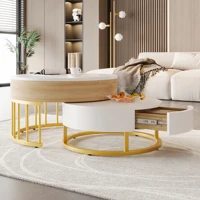 Comanlai Ensemble de 2 tables basses rondes pliables, table d'appoint réglable en hauteur, avec plateau relevable et tiroir, espace de rangement caché 1