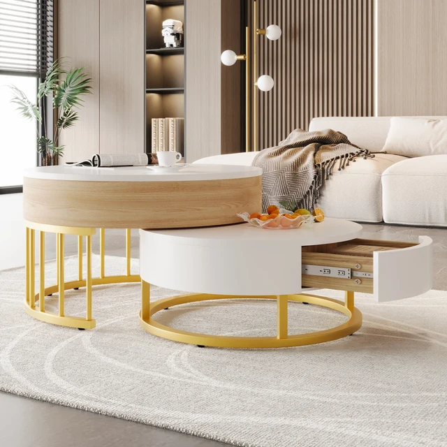 Comanlai Ensemble de 2 tables basses rondes pliables, table d'appoint réglable en hauteur, avec plateau relevable et tiroir, espace de rangement caché 1