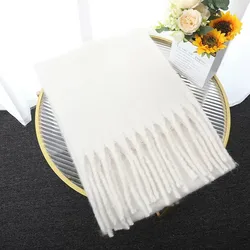 Elegant Women's Cashmere Winter Scarf and Wrap with Tassel Trim (Pure white)