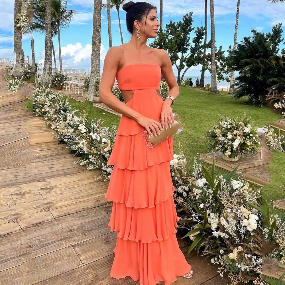 Verna Sin Tirante Novio Vestido Con Apertura Naranja