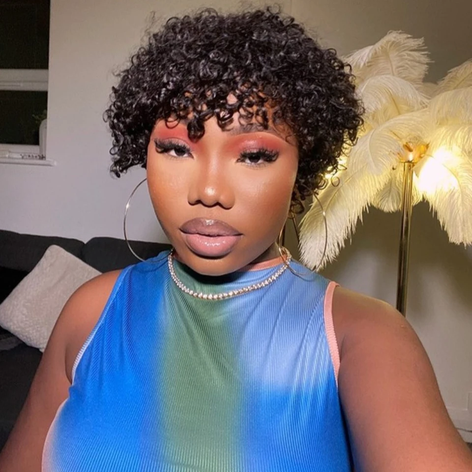 Short Curly Human Hair Wig Full Machine Made Glueless Wig Human Hair Ready To Wear Without Glue Or Gel Kinky Curly Pixie Cut Wig