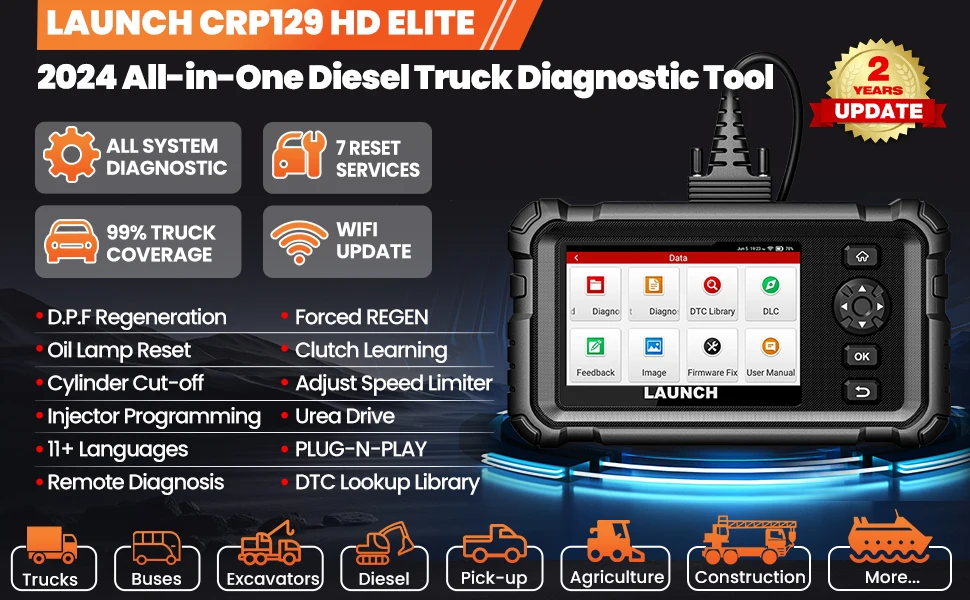 LAUNCH CRP129 HD Heavy Duty Truck Scanner,Full System Diesel Scan Tool with 7 Resets,DPF Force Regen & Reset,for 24V Heavy Truck