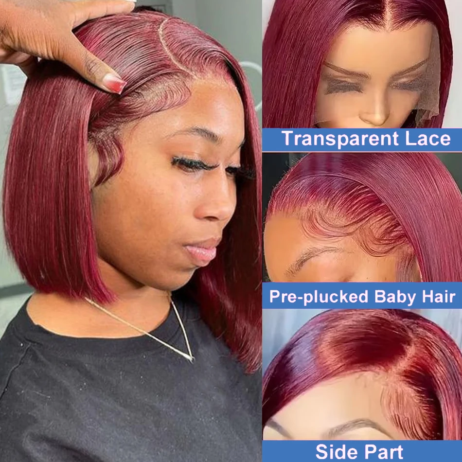 Burgundy 99J Short Bob Wigs Straight Human Hair 13x4 Lace Front Human Hair Wig Bone Straight Wig 100% For Women